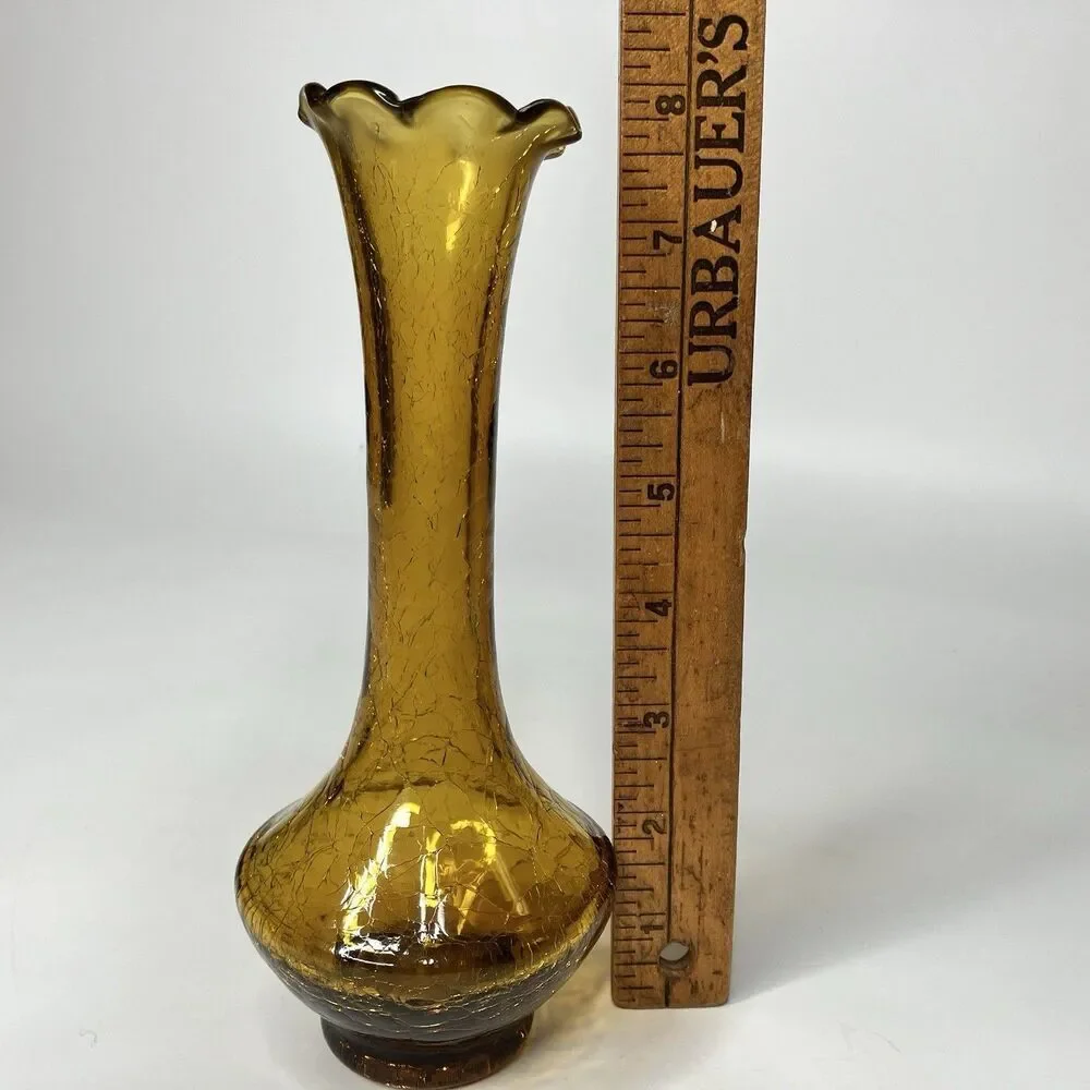 Vtg Amber Crackle Art Glass Bud Vase 8
